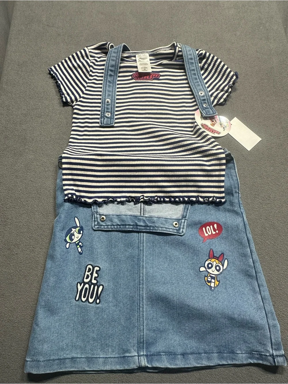 Blue Denim Girls' Overall Dress with Striped Tee — Powerpuff Patch Design